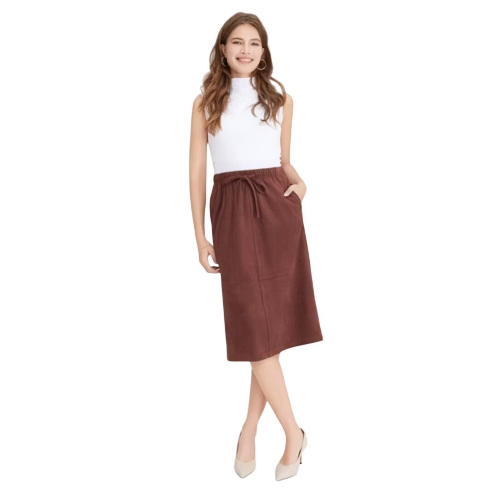 A‎ New Day Women's Brown Faux Suede Drawstring Midi A Line Skirt Size XS